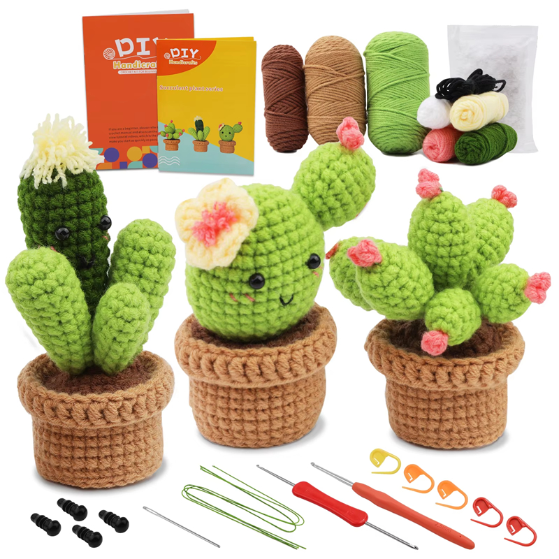 Selling Hand-Woven Full Crochet Starter Kit Mini Cactus Decoration Knitting Plush Doll for Beginners Featuring Lovely DIY Weavin