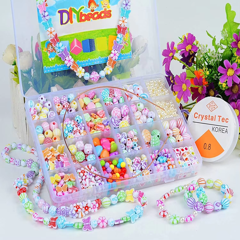 Colorful Mixed Acrylic Beads Kit Kids Hairband and Jewelry DIY Making Beaded Set