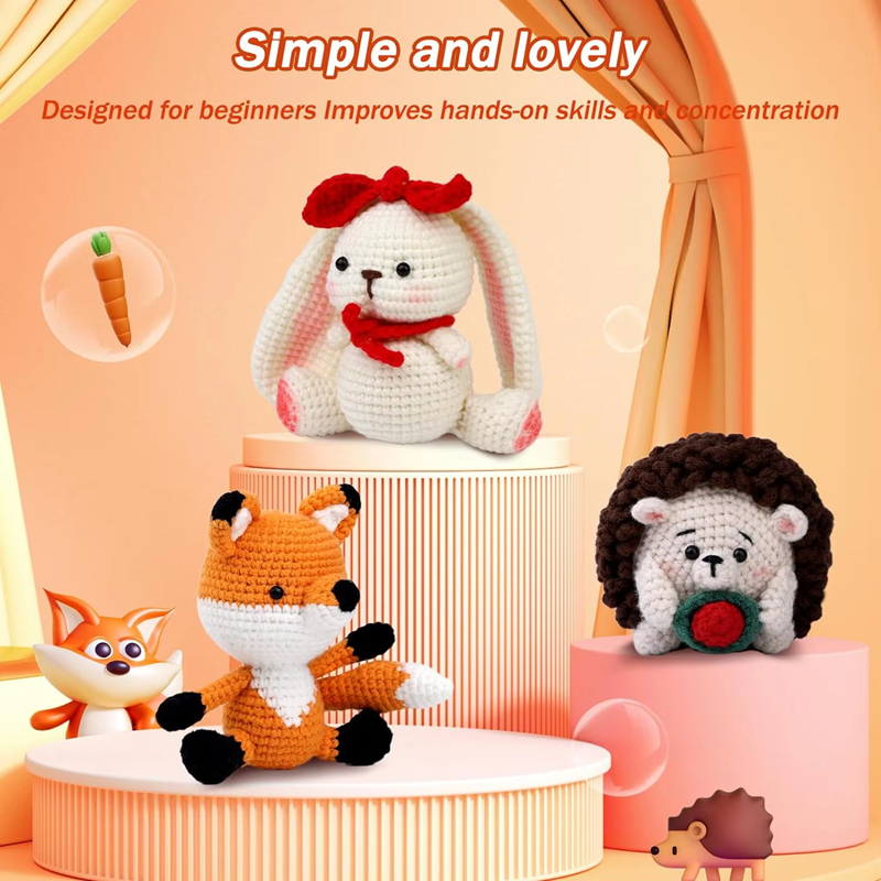 Animals Crochet Doll Kit Beginner DIY Knitting Fox Hedgehogs Rabbit Plush Doll Includes Weaving Yarns Hook Accessories Set