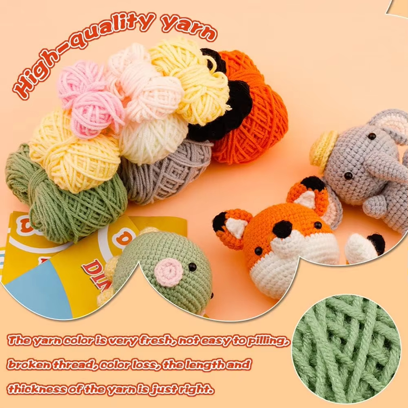 3pcs/set Yarn Crochet Animal Kit Dinosaur Fox Elephant Shaped Knitting Kit Starter Handwork Weaving Keychain Pendant Tools Set