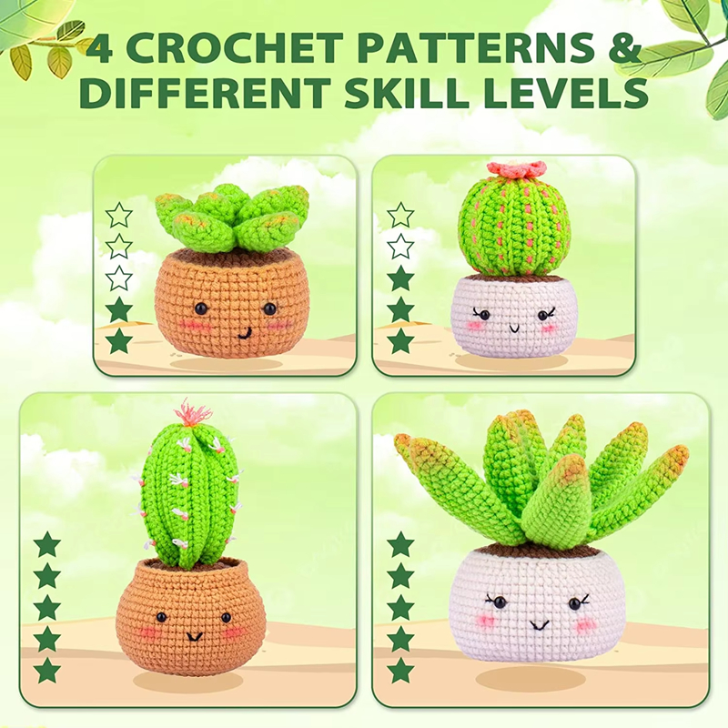 4 pcs Plants Crochet Kit for Beginners DIY Knitting Cactus Family Decoration with Video Tutorials Weaving Materials Tools Set