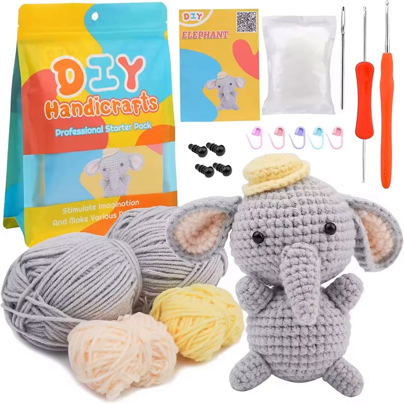 Easy to do DIY handmade elephant shaped DIY crochet kit for beginners with tube yarn crochet DIY animal set