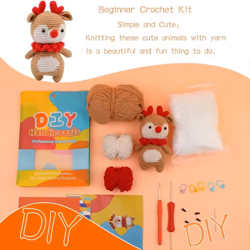 Brown and red color elk shaped animal doll making with baby yarn DIY knitting tool kit for handmade toys for beginners