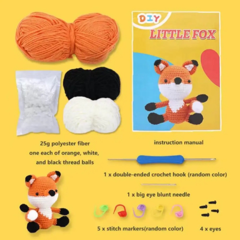 Beginner DIY Crochet Knit Kits Cartoon Fox Pendant Doll Material Accessories Set