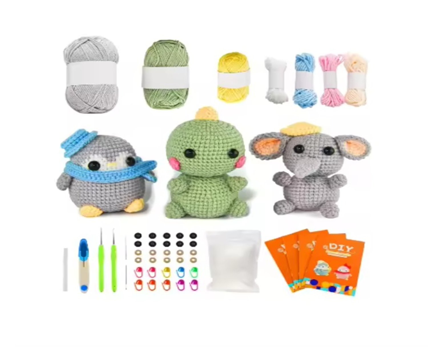 Beginner-Friendly Crochet Kit Mini Elephant Dinosaur Penguin Dolls Set Step-by-Step Video Tutorials DIY Knitting Set