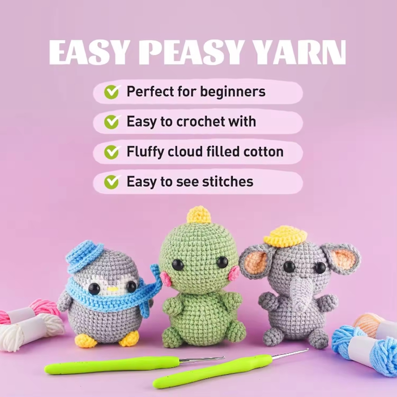 Beginner-Friendly Crochet Kit Mini Elephant Dinosaur Penguin Dolls Set Step-by-Step Video Tutorials DIY Knitting Set