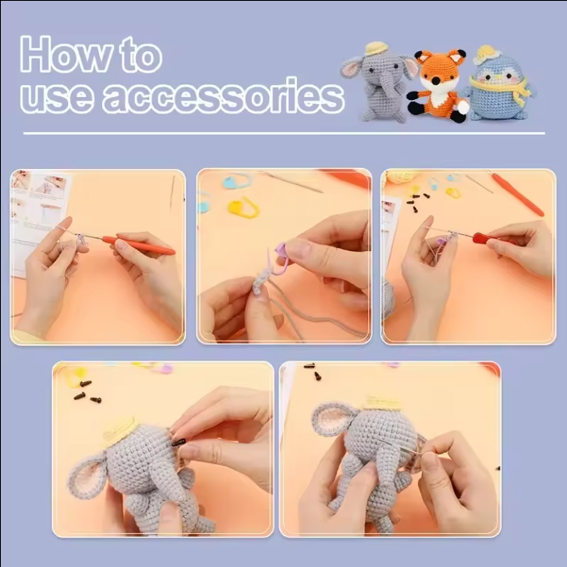 Beginner Crochet DIY Animal Kits Plush Penguin Fox Elephant Doll Pendant Knit Set