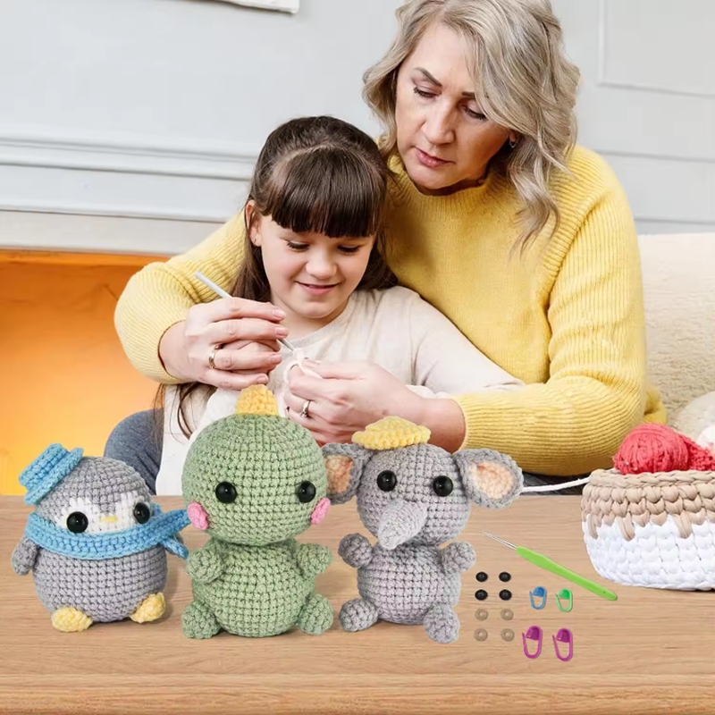 Beginner-Friendly Crochet Kit Mini Elephant Dinosaur Penguin Dolls Set Step-by-Step Video Tutorials DIY Knitting Set