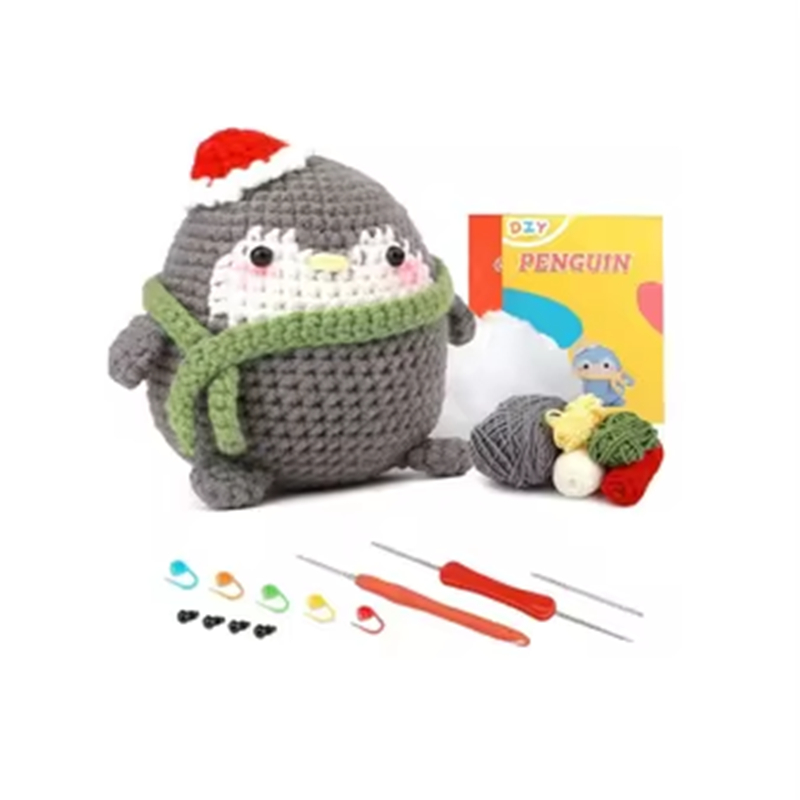 High Quality DIY Crochet Animal Kit for Beginners Handwork Knitting Exquisite Gray Penguin Plush Doll Pendant Keychain Set