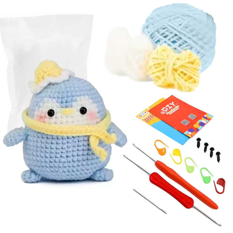 DIY Handmade Cartoon Style Penguin Crochet Kit DIY Knitted Animal Yarn Plush Toy for Kids for Beginner Learners