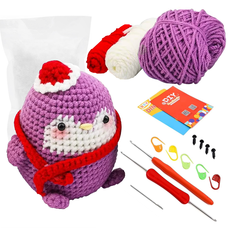 Cute Cartoon Style Penguin Crochet Kit for Starter DIY Knitting Keychain with Crochet Tools Set