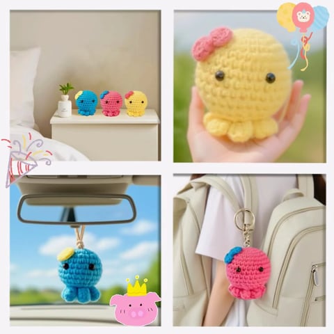 3-Color Octopus Animal Crochet Kit DIY Amigurumi Plush Set with Yarn Handmade Keychain Gift for Easy Crochet Craft Project
