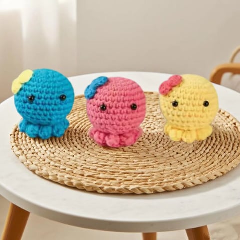 3-Color Octopus Animal Crochet Kit DIY Amigurumi Plush Set with Yarn Handmade Keychain Gift for Easy Crochet Craft Project