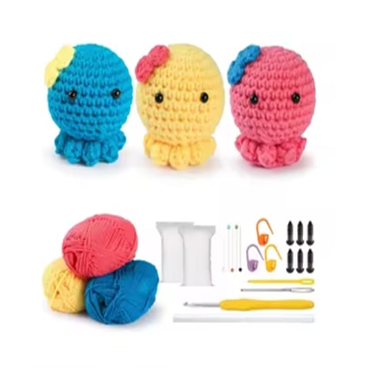 3 Colored Crochet Octopus Set for Starter DIY Knitting Doll Enough Yarn Hook Accessories Making Pendant Keychain Kit