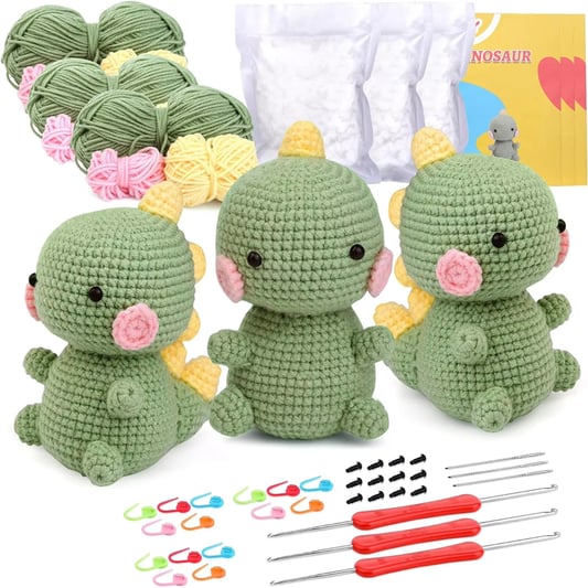 Double Head Crochet Set Handwork Weaving Cute Cartoon Dinosaur Dolls Keychain Pendant Yarn Fiber Fill DIY Creative Knitting Kits