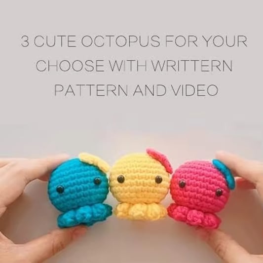 3 Colored Crochet Octopus Set for Starter DIY Knitting Doll Enough Yarn Hook Accessories Making Pendant Keychain Kit