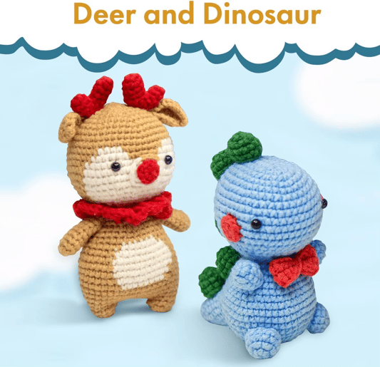 2 Pack Crochet Animal Kit for Beginners Mini Crochet Doll Dinosaur & Deer Set