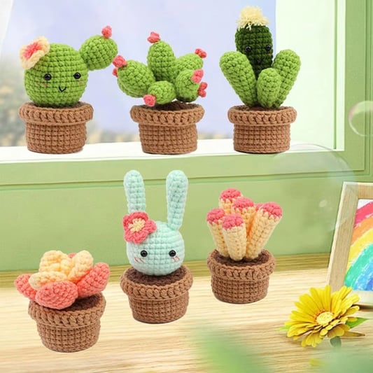 6 pcs Plant Doll Crochet Kit for Beginner Easy DIY Knitting Doll Process Learn to Weaving Succulent Plants Sets