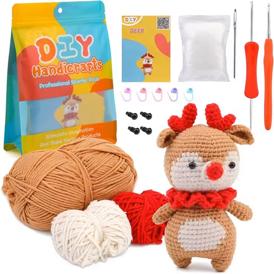 Brown and red color elk shaped animal doll making with baby yarn DIY knitting tool kit for handmade toys for beginners