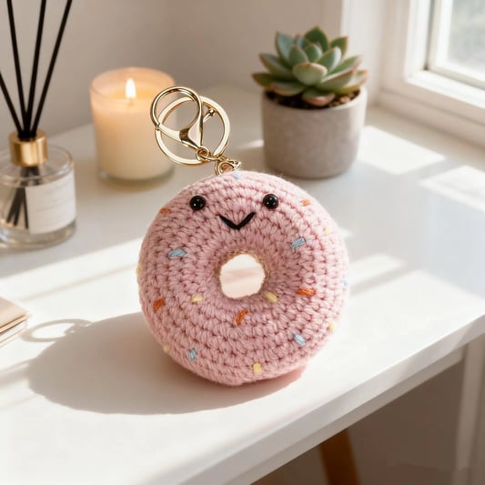 Crochet Pink Donut Keychain Plush