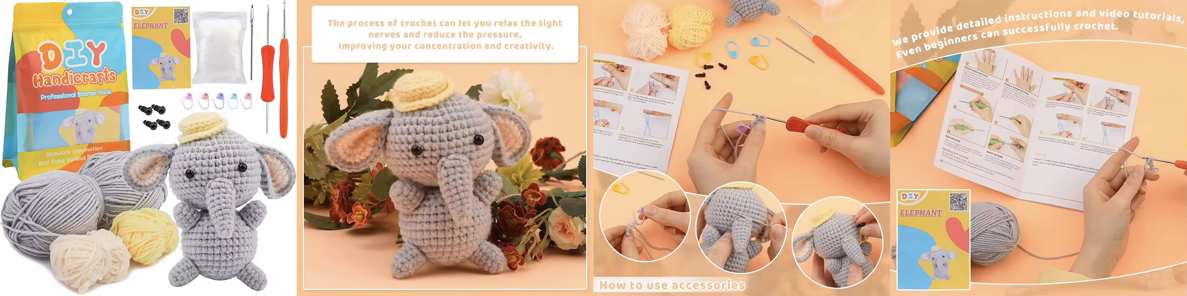 Elephant Crochet Kits Beginners Handmade Easy Yarn Crochet DIY Animal Shaped Set