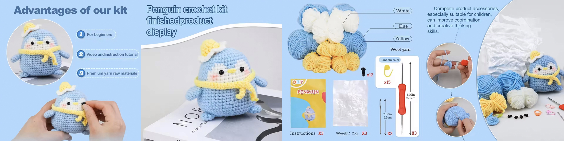 3pcs Penguins Cute Animal Family Crochet Kit For Beginners Diy Creative Knitting Wool Diy Craft With Video Tutorials