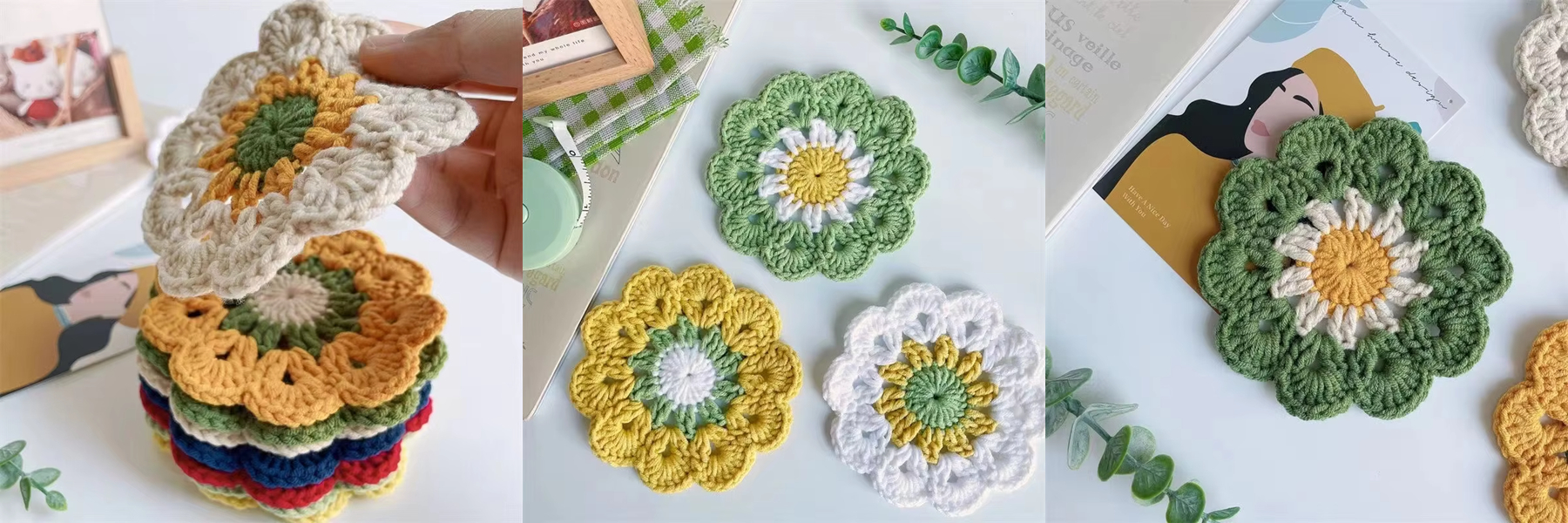 Yarn Woven Coaster Three Colors of DIY Crochet Drink Cup Pad for Home Decoration