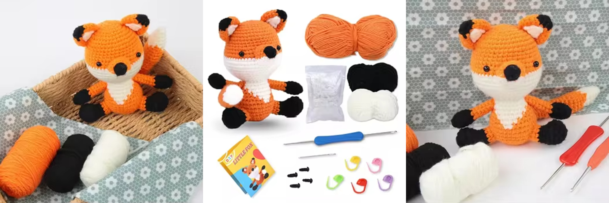 Animal Weaving Doll Kit Orange Color Fox Beginners Easy to Do with Instructions Creative DIY Crochet Making Keychain Pendant Set