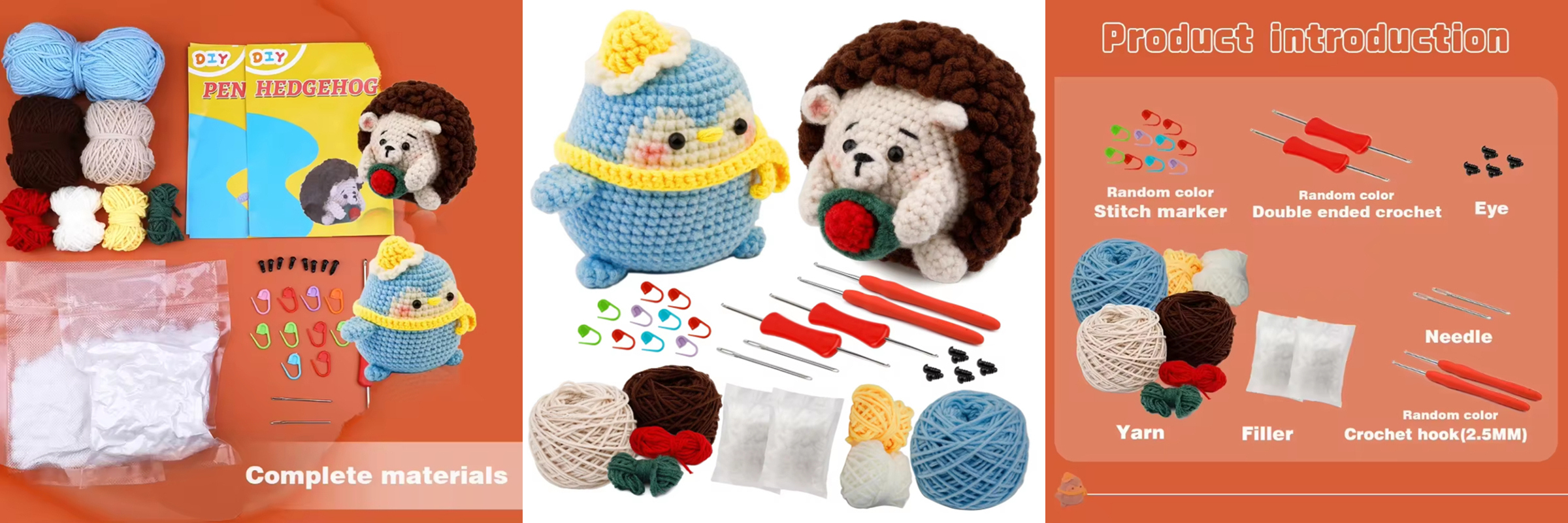 Handmade Crochet Beginner Kit Unisex Mini Toy Model Fantasy Style Animal Set with Hedgehog and Penguin DIY Kits