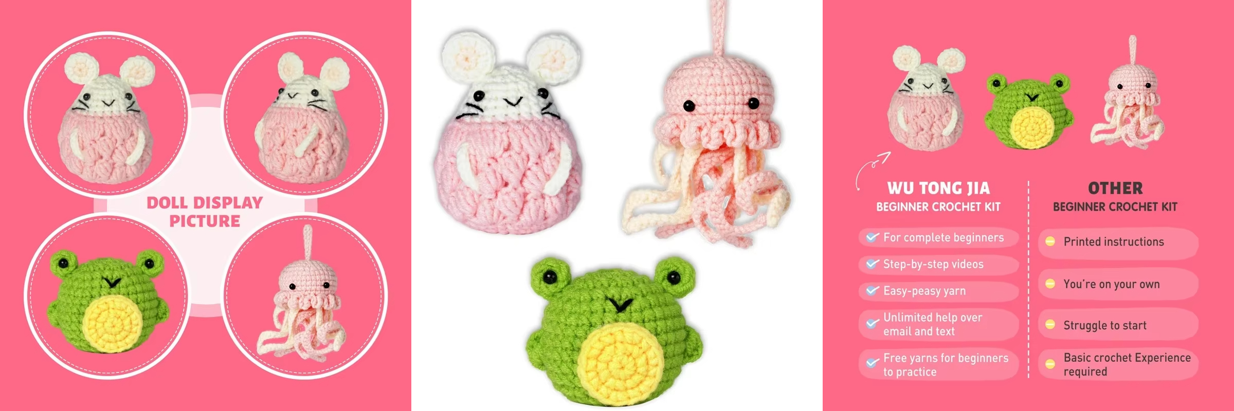 3 Pcs Crochet Animal Set DIY Yarn Knitting Pink Jellyfish Hamster and Green Frog Weaving Plush Doll Easy Starter Making Kit