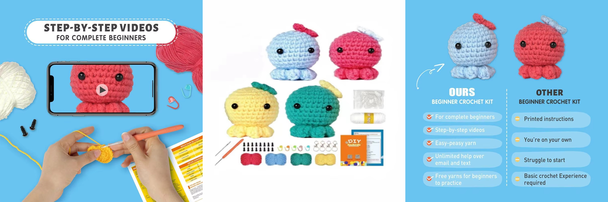 4 Pcs Crochet Animal Set for Starter DIY Knitting Octopus Dolls with Step-by-Step Video Tutorials Making Keychain Pendant Kits