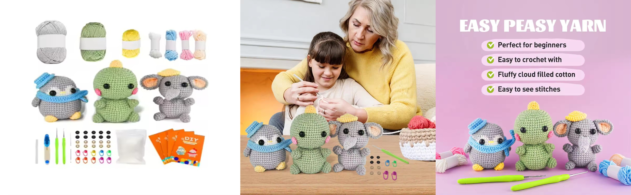 Beginner-Friendly Crochet Kit Mini Elephant Dinosaur Penguin Dolls Set Step-by-Step Video Tutorials DIY Knitting Set