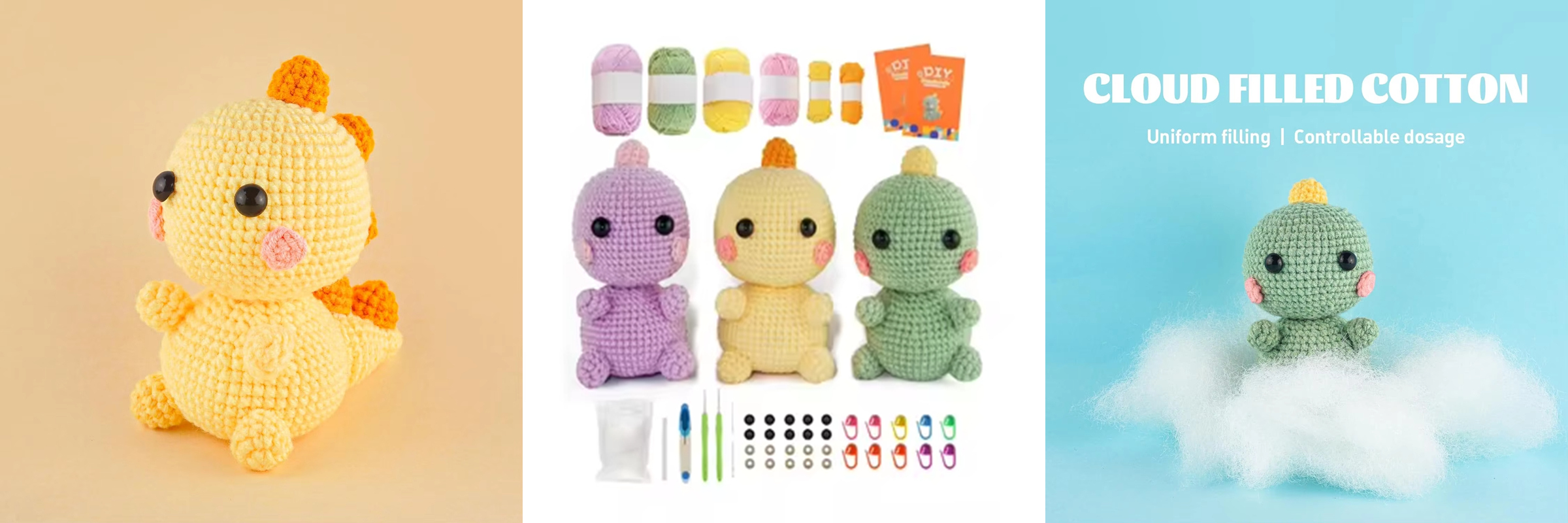 Crochet Starter Kit with Step-by-Step Video Tutorials Mini Knitting Set for Toy Dolls Includes Yarn 3 Patterns Plush Dinosaurs