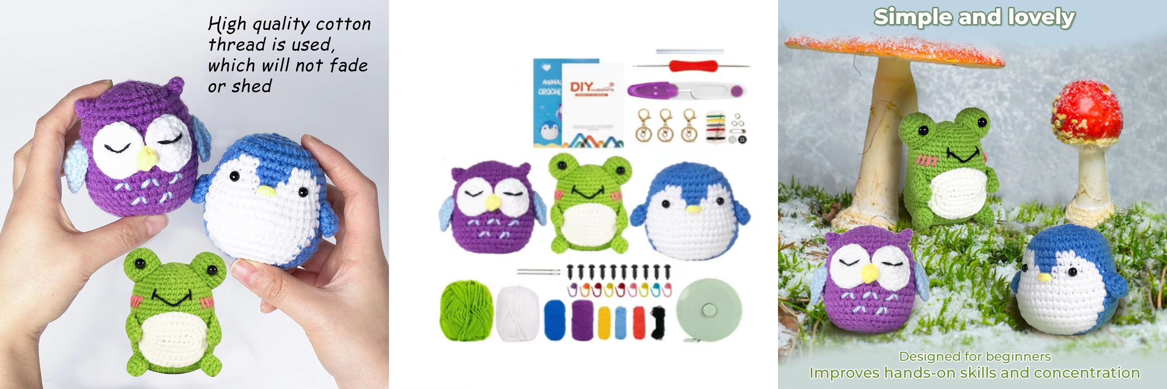 Crochet Starter Kit for Beginners Mini Plush Toy Set with Step-by-Step Video Tutorials Includes Penguin Frog Owl Resin Material