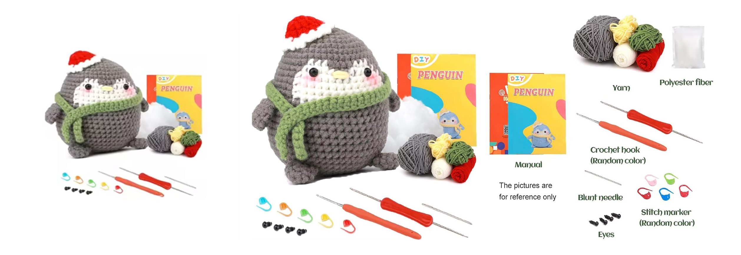 High Quality DIY Crochet Animal Kit for Beginners Handwork Knitting Exquisite Gray Penguin Plush Doll Pendant Keychain Set