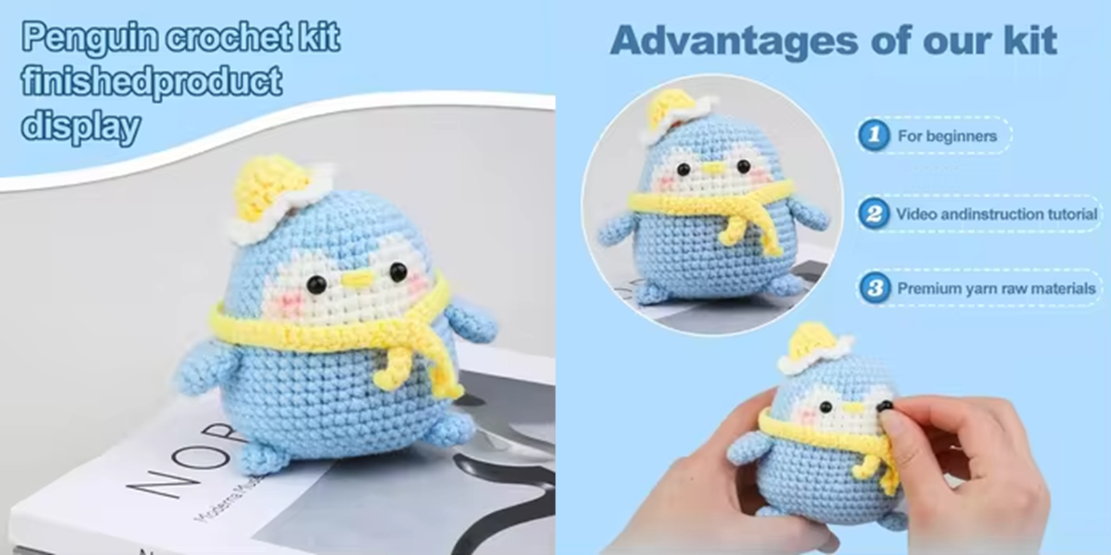 DIY Handmade Cartoon Style Penguin Crochet Kit DIY Knitted Animal Yarn Plush Toy for Kids for Beginner Learners