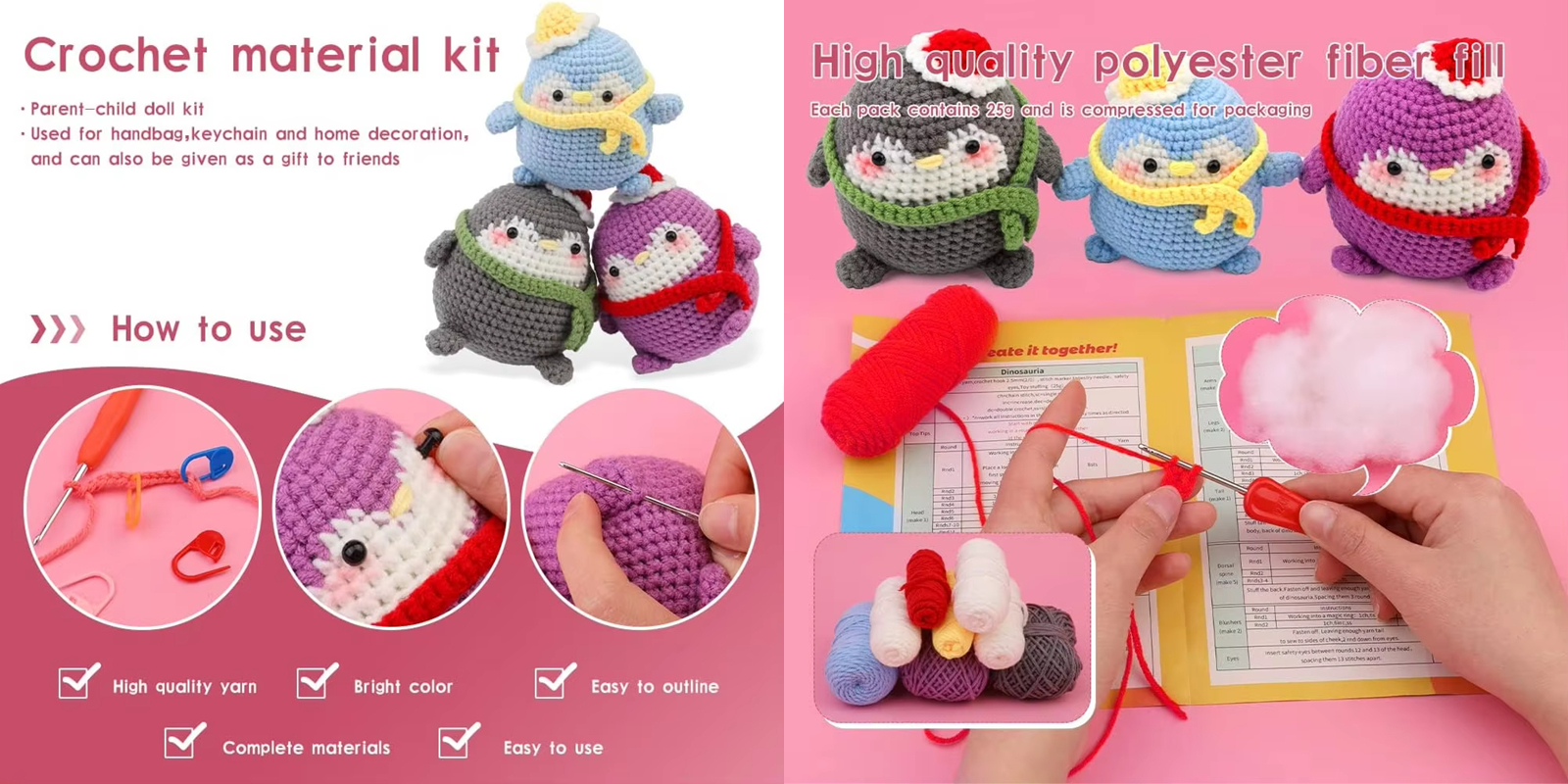 Cute Cartoon Style Penguin Crochet Kit for Starter DIY Knitting Keychain with Crochet Tools Set