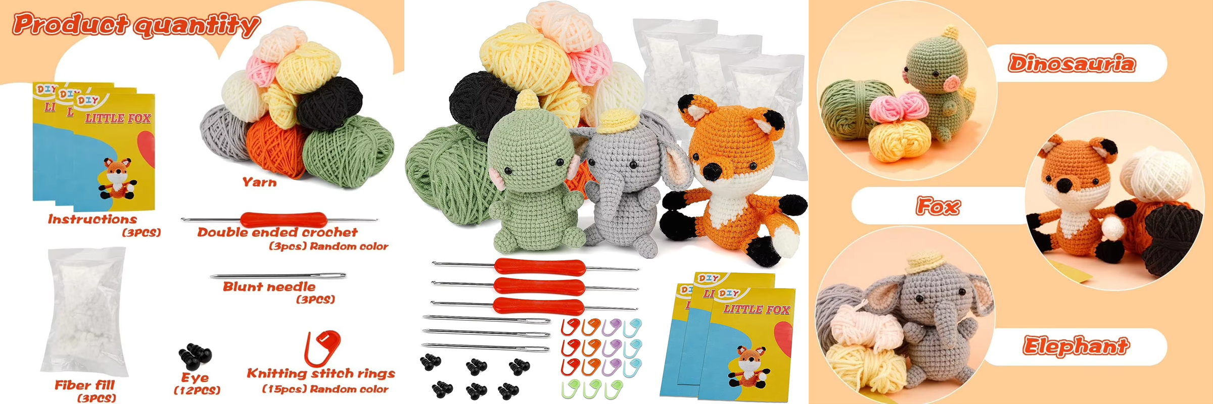 3pcs/set Yarn Crochet Animal Kit Dinosaur Fox Elephant Shaped Knitting Kit Starter Handwork Weaving Keychain Pendant Tools Set