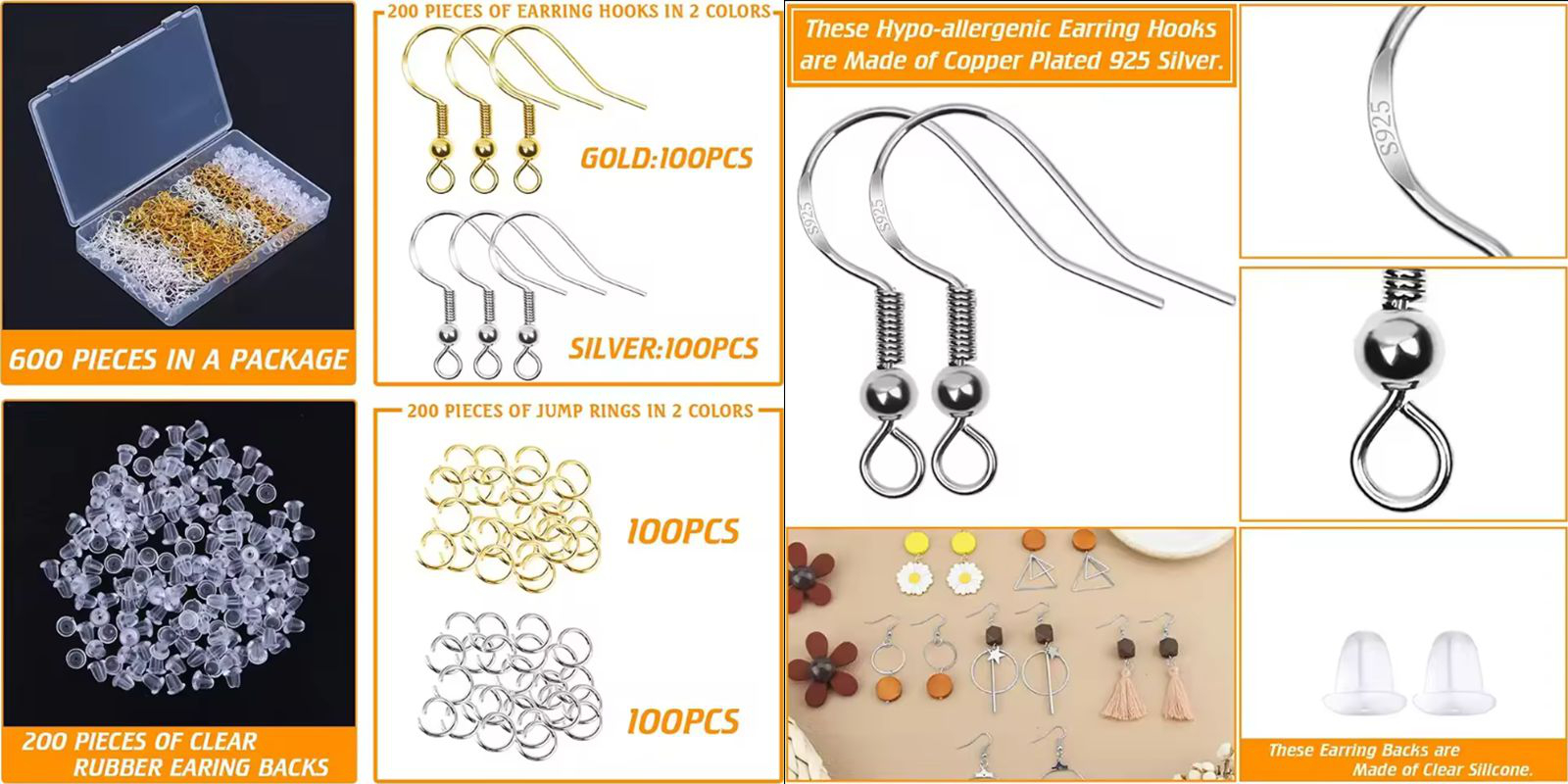 600pcs Handmade DIY Earring Making Materials Anti Allergic Semi Finished Color Preserving Electroplated Earring Hooks Kit