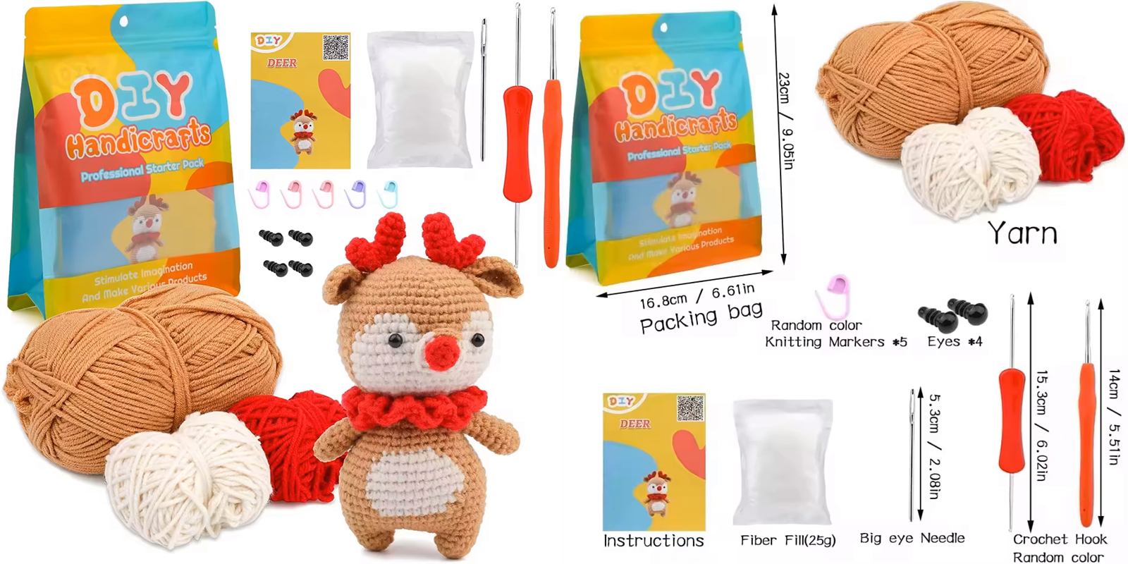 Brown and red color elk shaped animal doll making with baby yarn DIY knitting tool kit for handmade toys for beginners