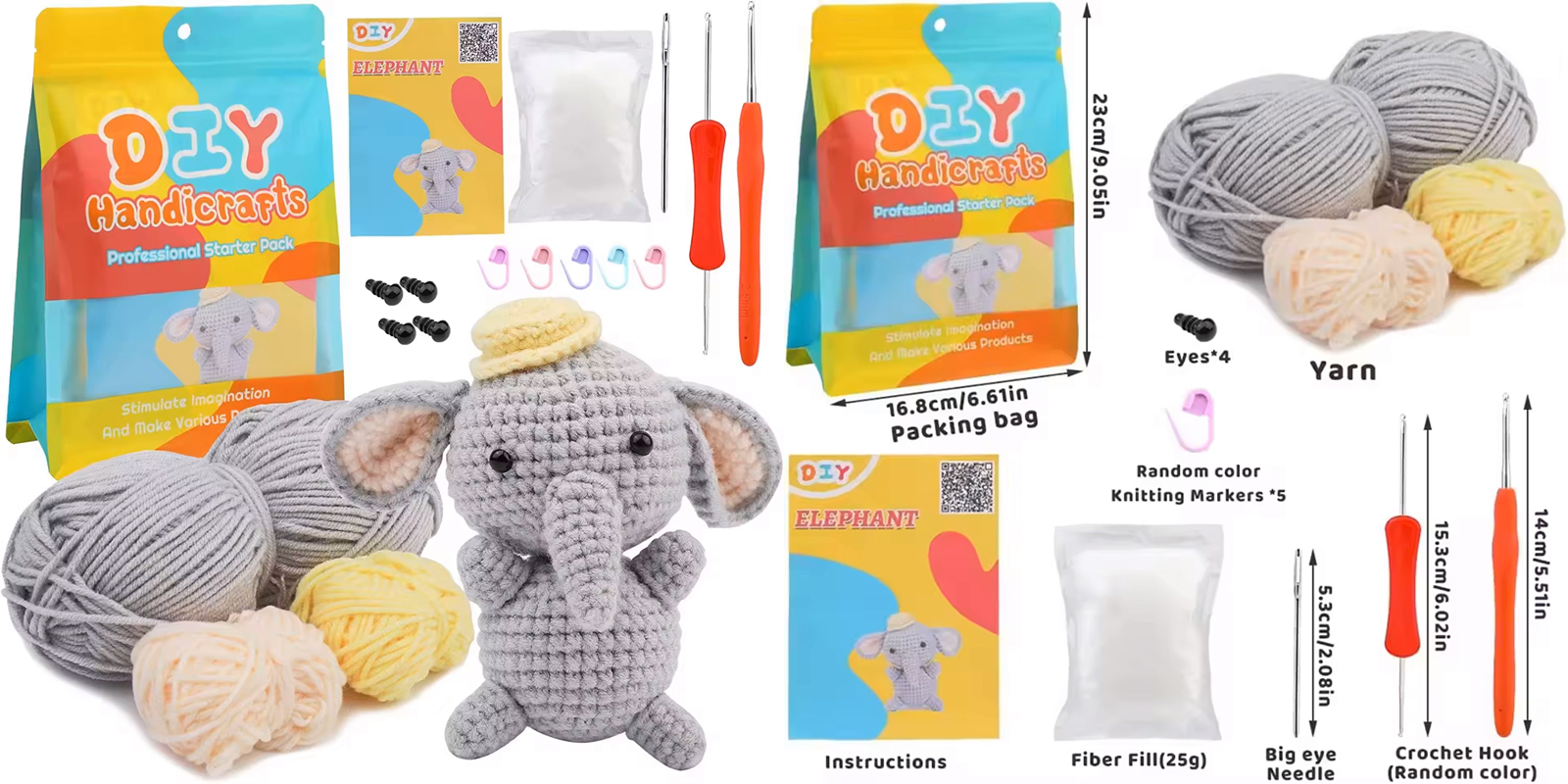 Easy to do DIY handmade elephant shaped DIY crochet kit for beginners with tube yarn crochet DIY animal set