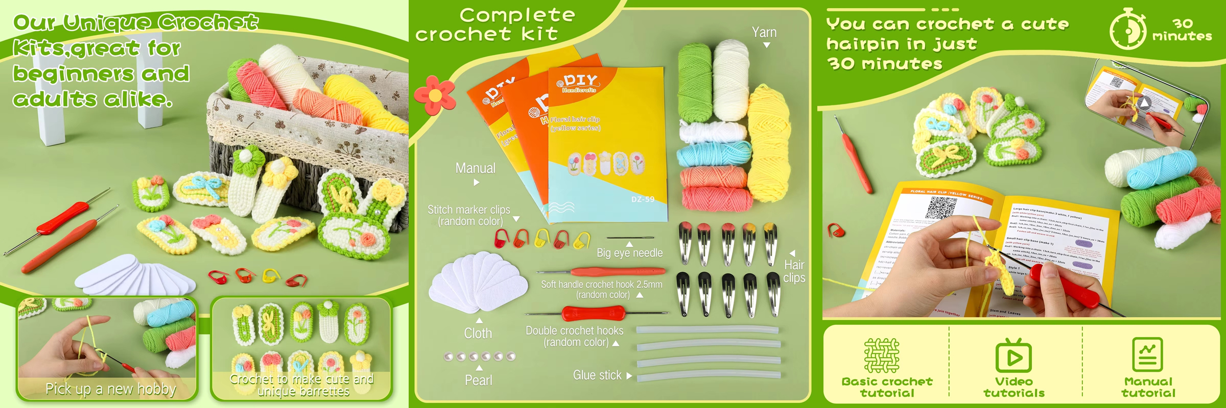 New DIY Crochet Hairpin Set for Beginner Wool Yarn Handwork Knitting Sweet Style Hair Clips Weaving Kit