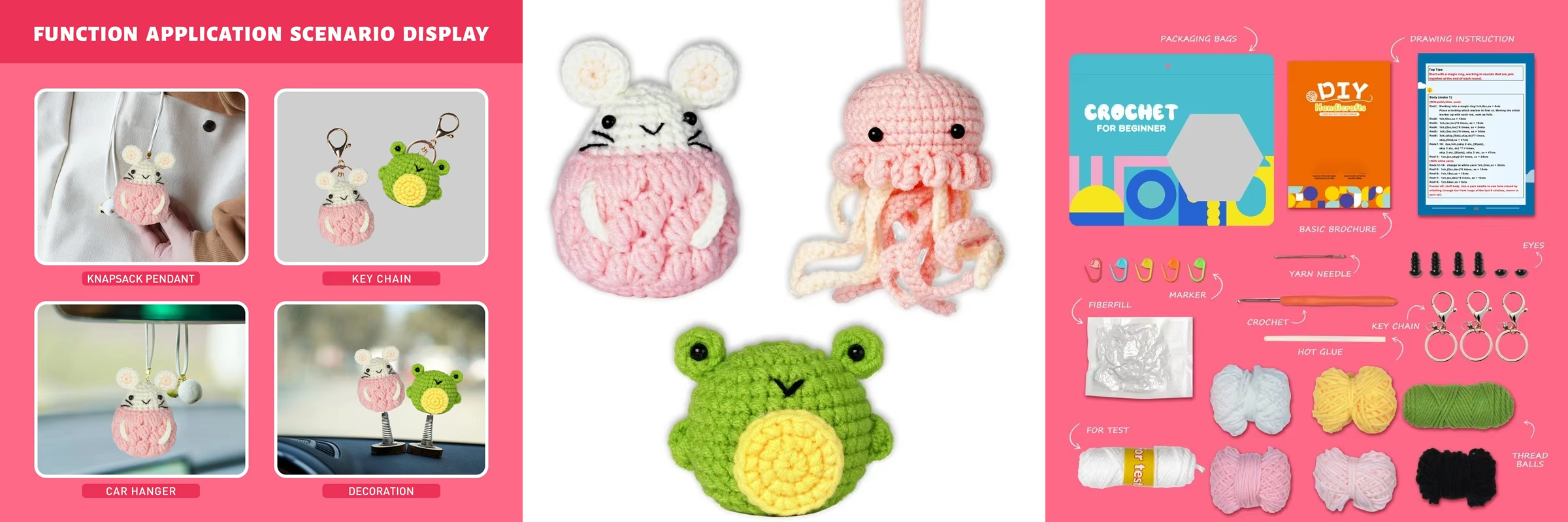 3 Pcs Crochet Animal Set DIY Yarn Knitting Pink Jellyfish Hamster and Green Frog Weaving Plush Doll Easy Starter Making Kit