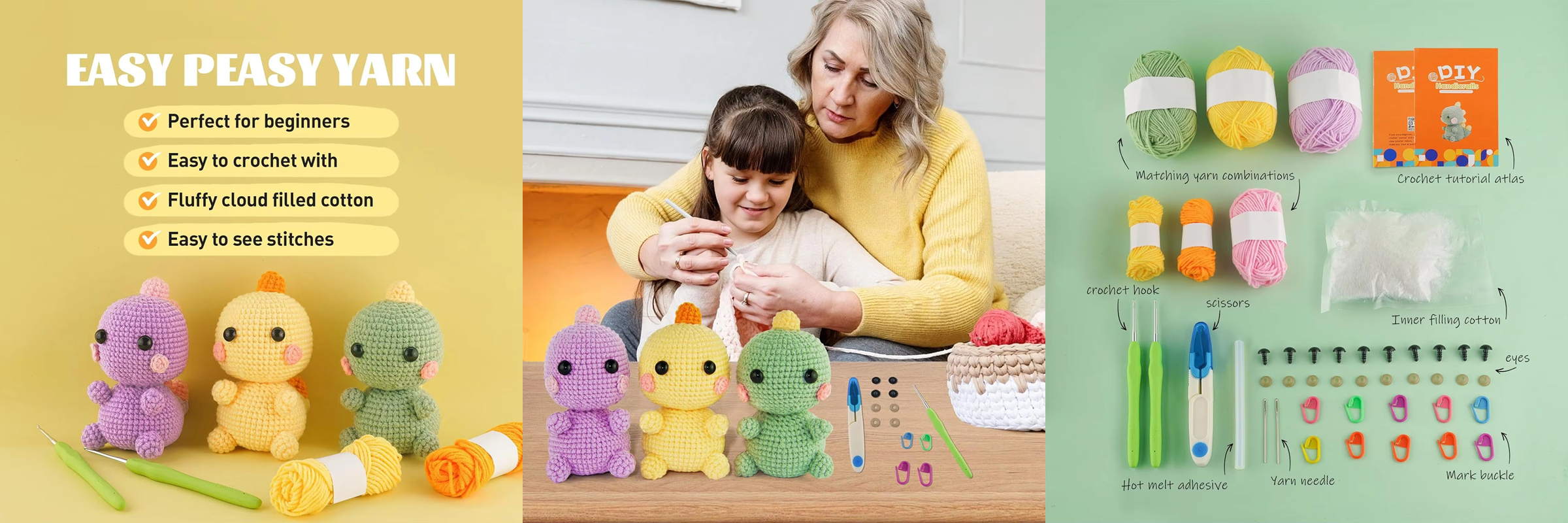 Crochet Starter Kit with Step-by-Step Video Tutorials Mini Knitting Set for Toy Dolls Includes Yarn 3 Patterns Plush Dinosaurs