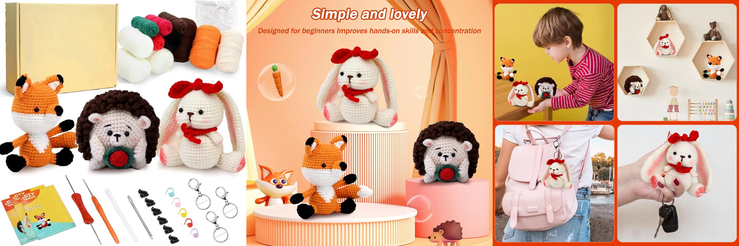 Animals Crochet Doll Kit Beginner DIY Knitting Fox Hedgehogs Rabbit Plush Doll Includes Weaving Yarns Hook Accessories Set