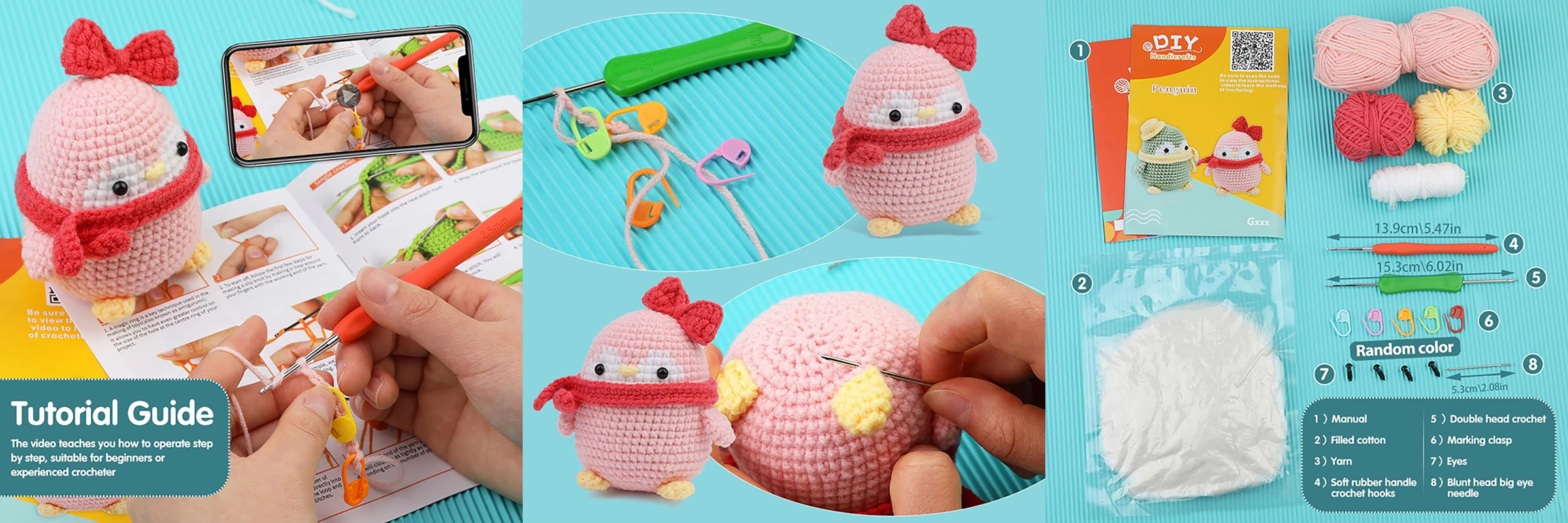 Crochet Animal Kit Includes Cotton Yarn and Hooks Polyester Fiber with Step-by-Step Video Instructions DIY Knitting Set