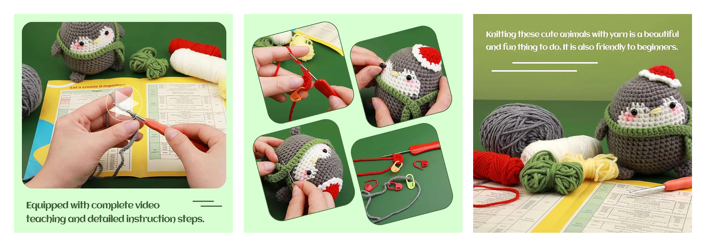 High Quality DIY Crochet Animal Kit for Beginners Handwork Knitting Exquisite Gray Penguin Plush Doll Pendant Keychain Set