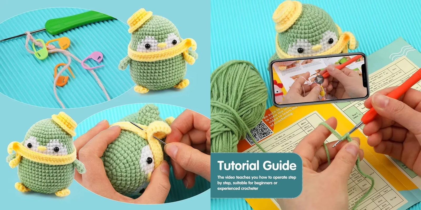 High Quality DIY Crochet Animal Kit for Beginners Exquisite Green Penguin Plush Material DIY Knitting Mini Size Customizable Weaving Pendant Keychain Set