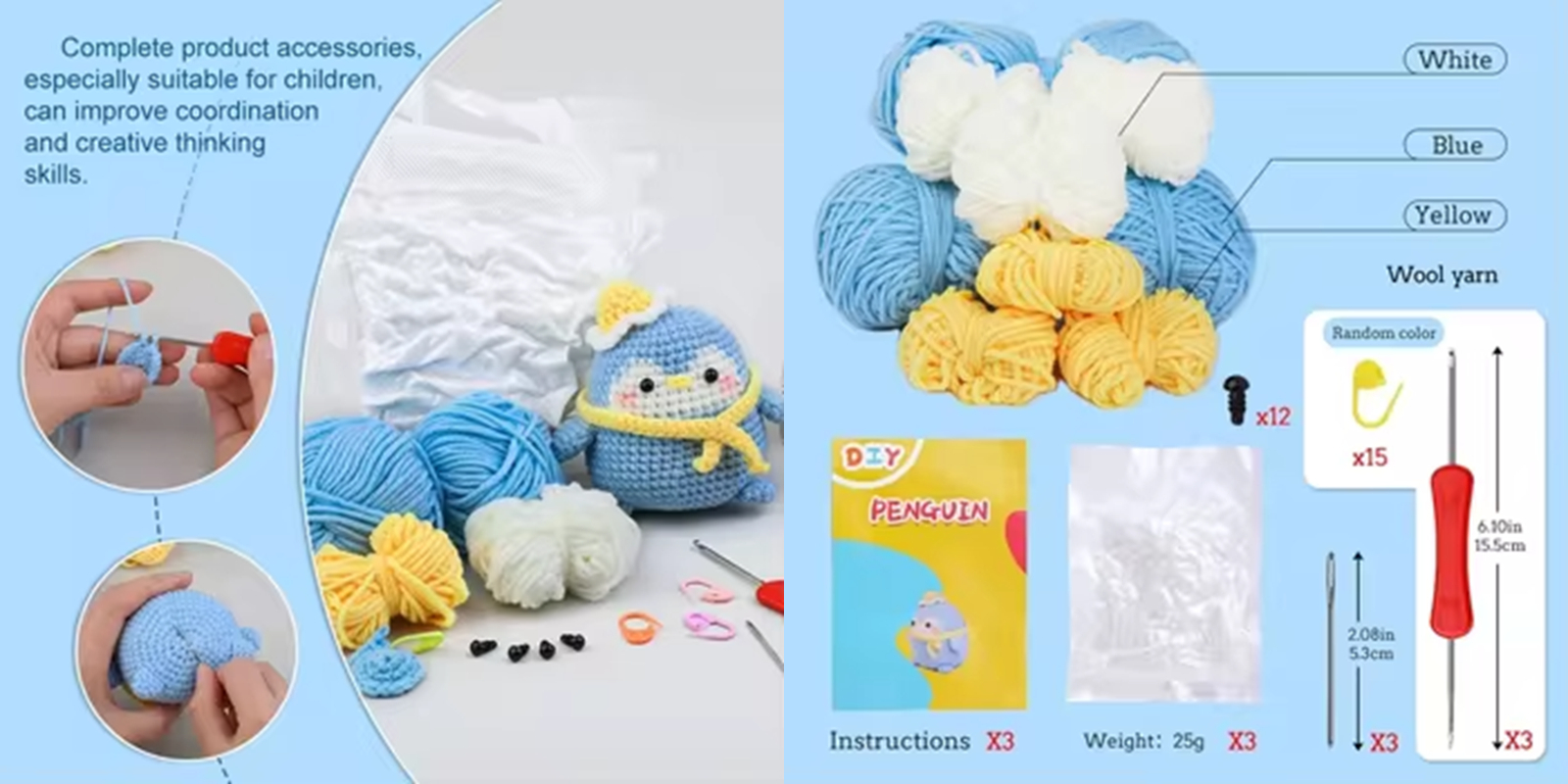 DIY Handmade Cartoon Style Penguin Crochet Kit DIY Knitted Animal Yarn Plush Toy for Kids for Beginner Learners