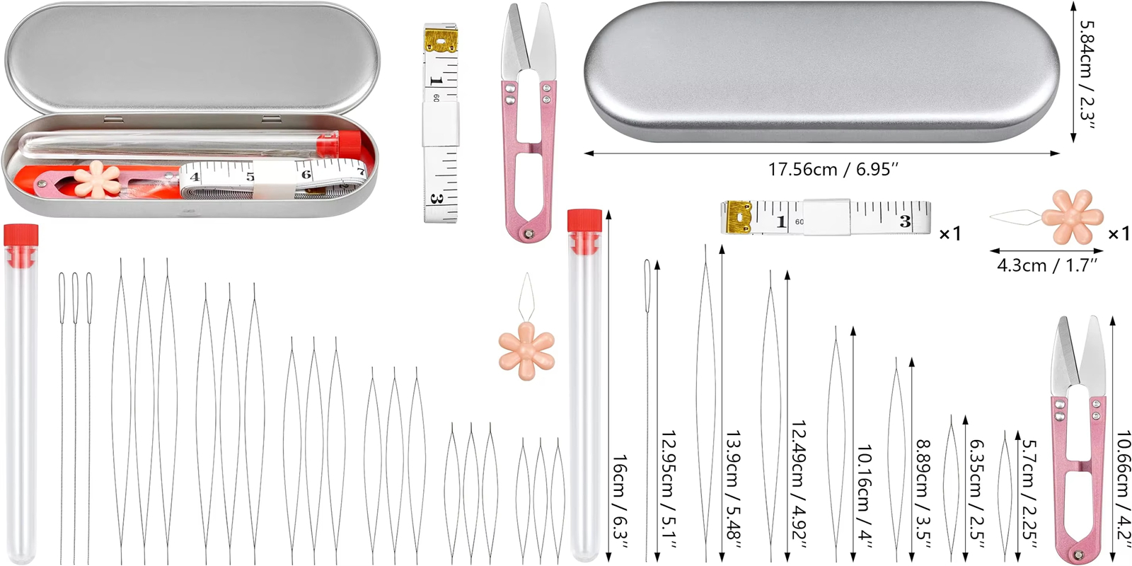 21 pieces of metal beading needles set with tube box packing big eye beading needles with scissors and measure tape for DIY tool